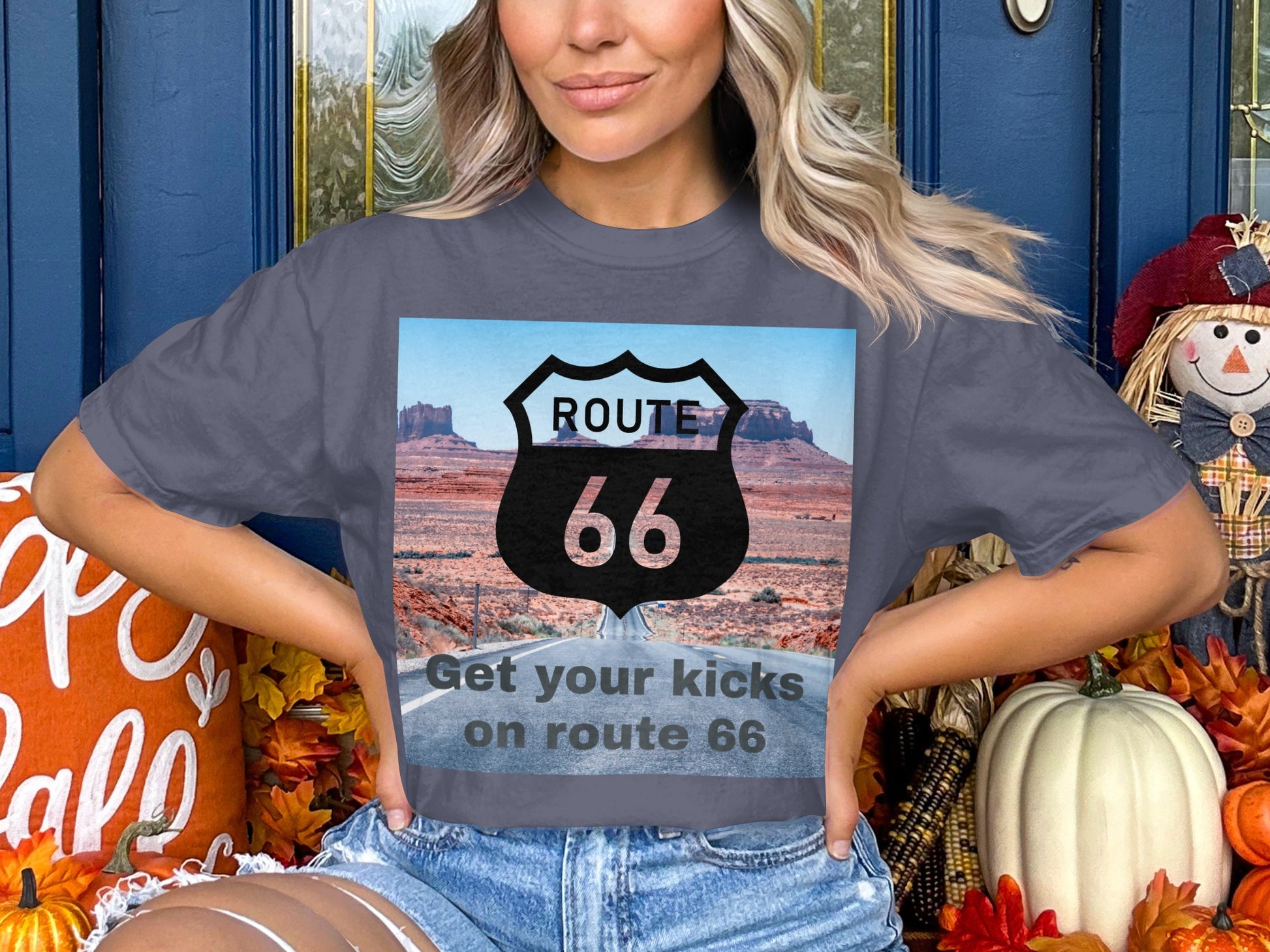 Gray t-shirt with Route 66 logo and "Get your kicks on route 66" text.