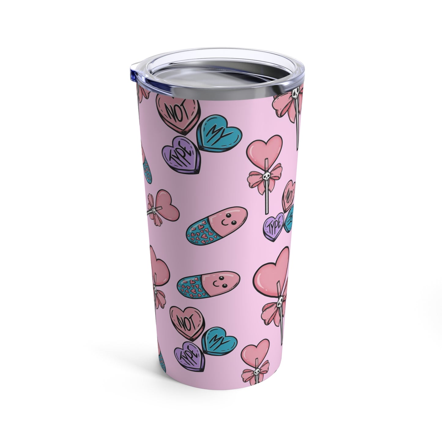 Pink Pastel Goth Valentine's Day Tumbler 20oz Sublimation, Cute Candy Hearts Goth