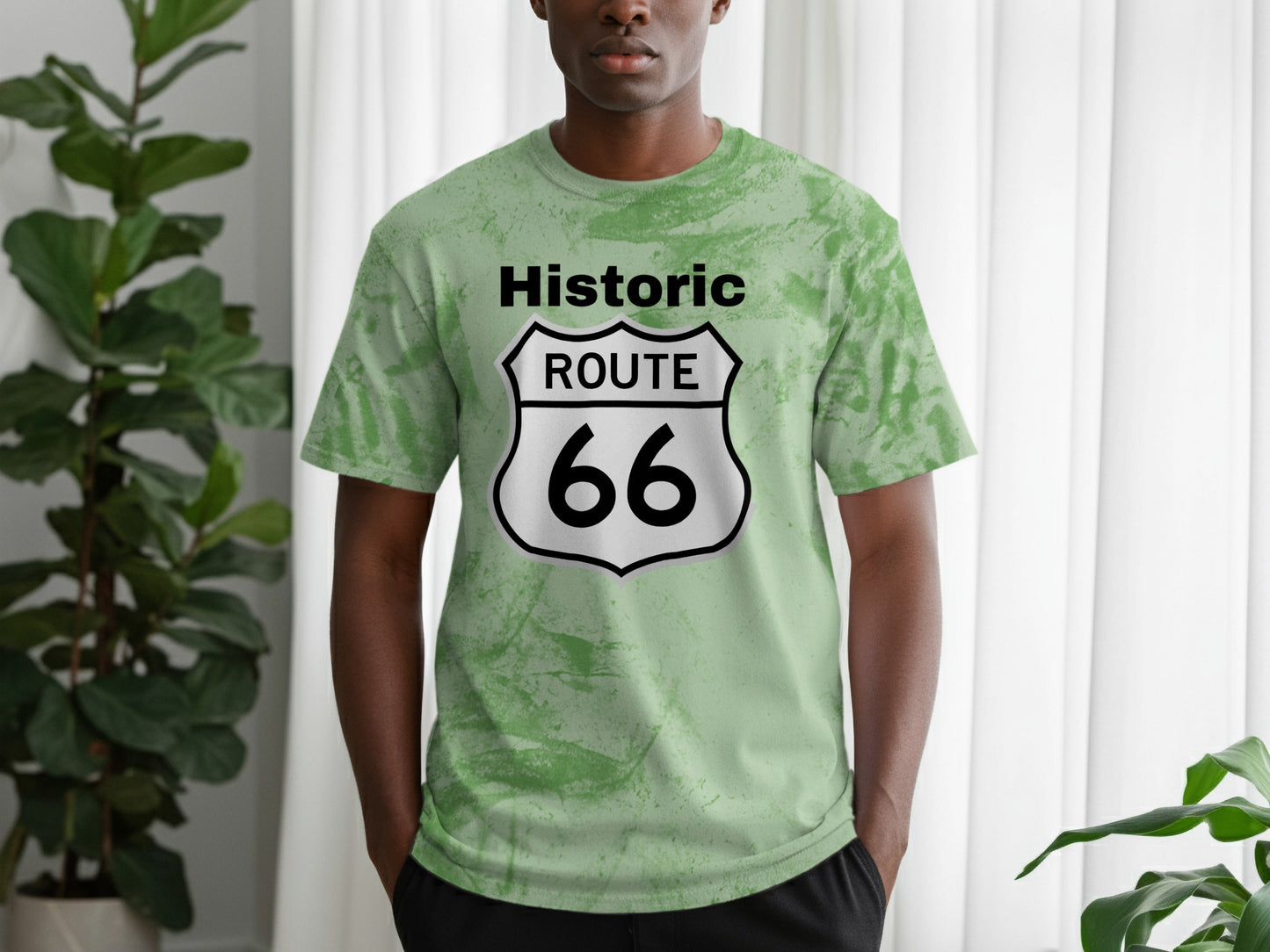 Green tie-dye t-shirt with Historic Route 66 shield logo.