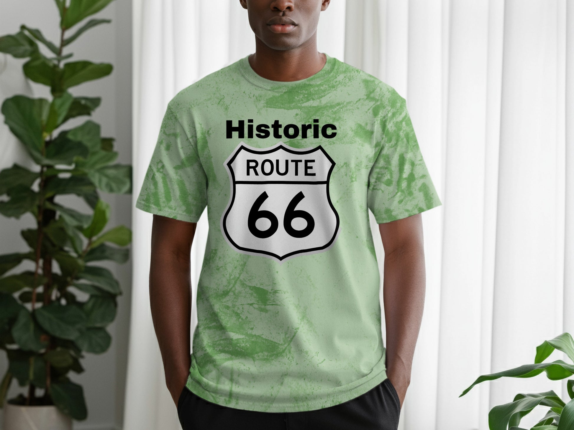 Green tie-dye t-shirt with Historic Route 66 shield logo.