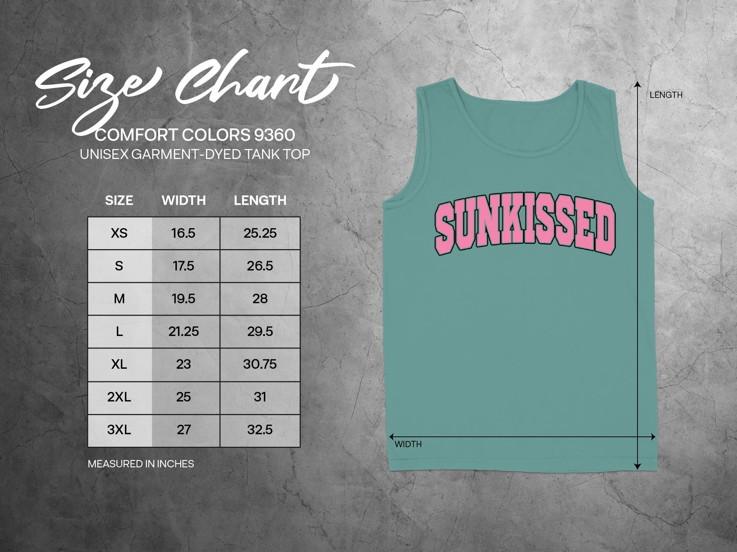 Unisex tank top size chart with measurements for width and length.