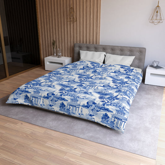 Blue Chinoiserie Duvet Cover, French Toile Bedding, Microfiber Bedspread, Bedroom Decor, Home Textile