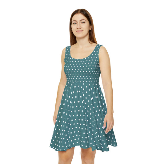 Green Polka Dot Skater Dress Cute Sundress, Summer Casual Dress, Swing Dress