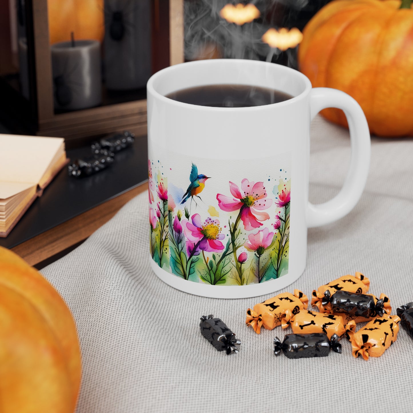 Floral Coffee Mug, Pressed Pink Watercolor Wildflowers  Ceramic Mug 11oz,  Coffee Mug Gift