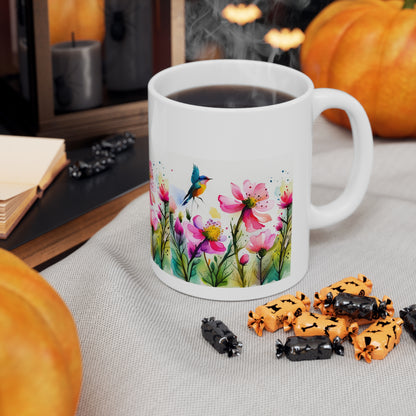 Floral Coffee Mug, Pressed Pink Watercolor Wildflowers  Ceramic Mug 11oz,  Coffee Mug Gift