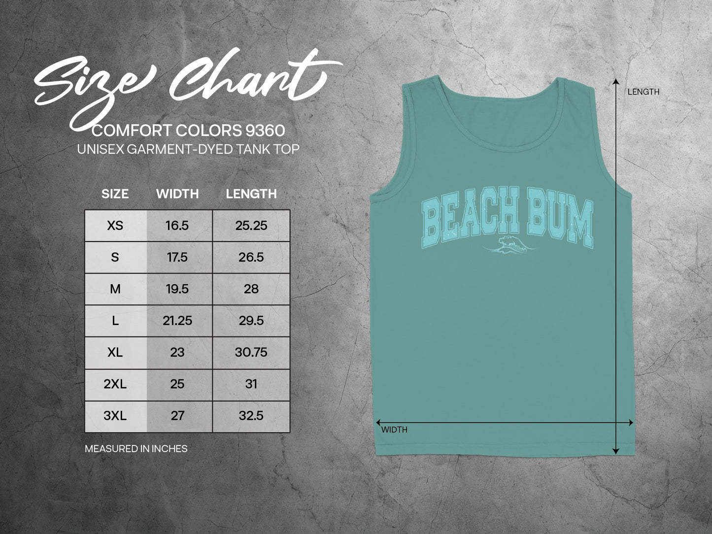 Size chart for Comfort Colors 9360 unisex tank top, featuring "Beach Bum" text.