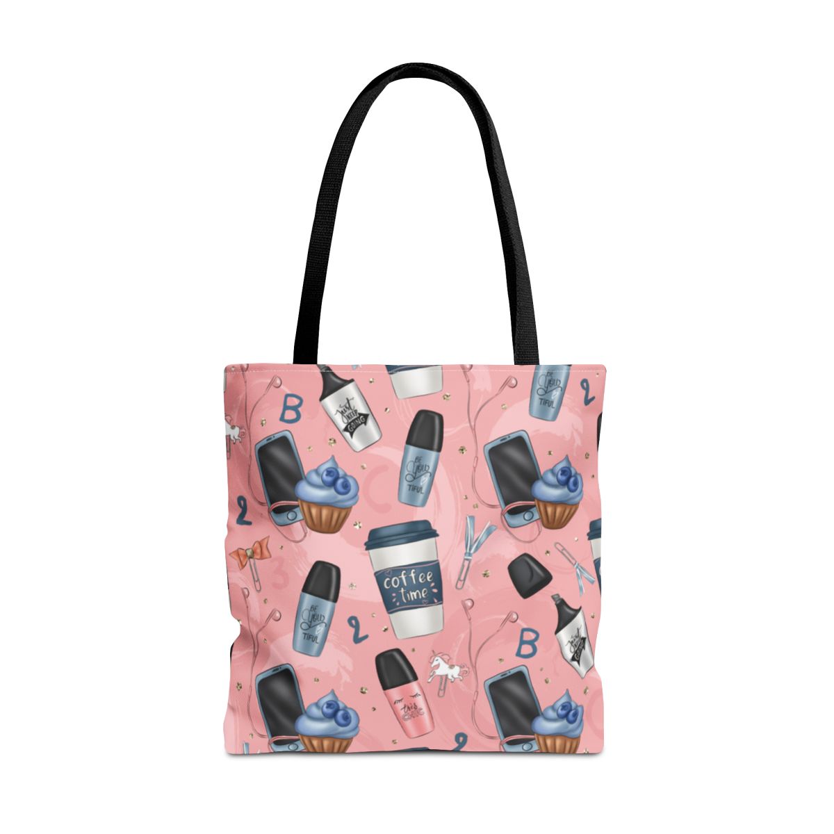 Pink Tote with Skincare Nail Polish and Coffee Graphics