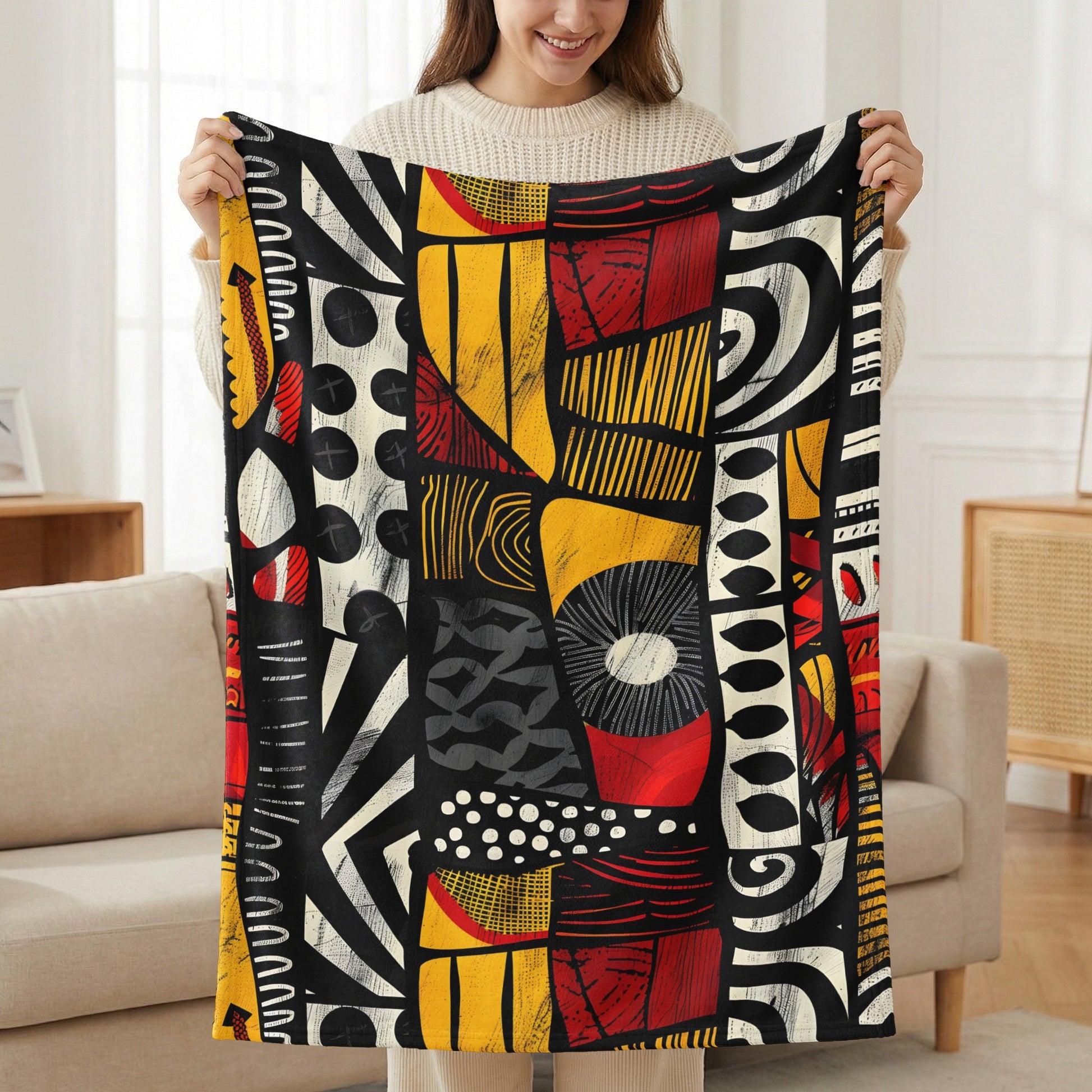 Abstract geometric pattern in black, red, yellow, and white on a blanket.