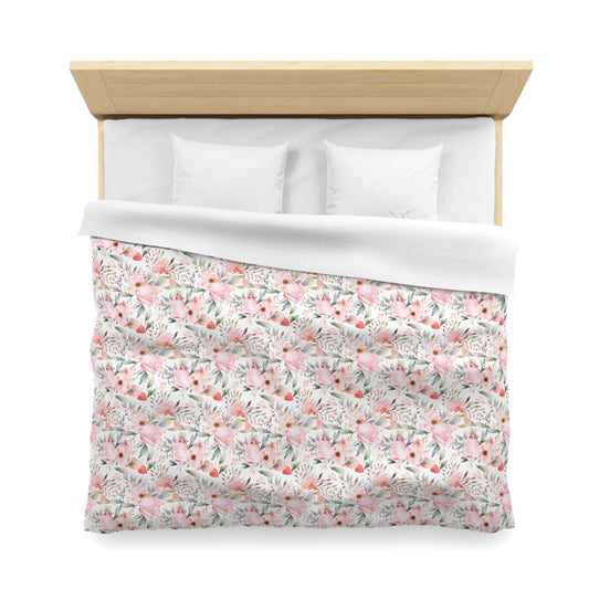 Pink Floral Microfiber Duvet Cover - Soft Bedding Set, Feminine Bedroom Decor, Floral Print Comforter Cover, Girls Room Decor, Lightweight