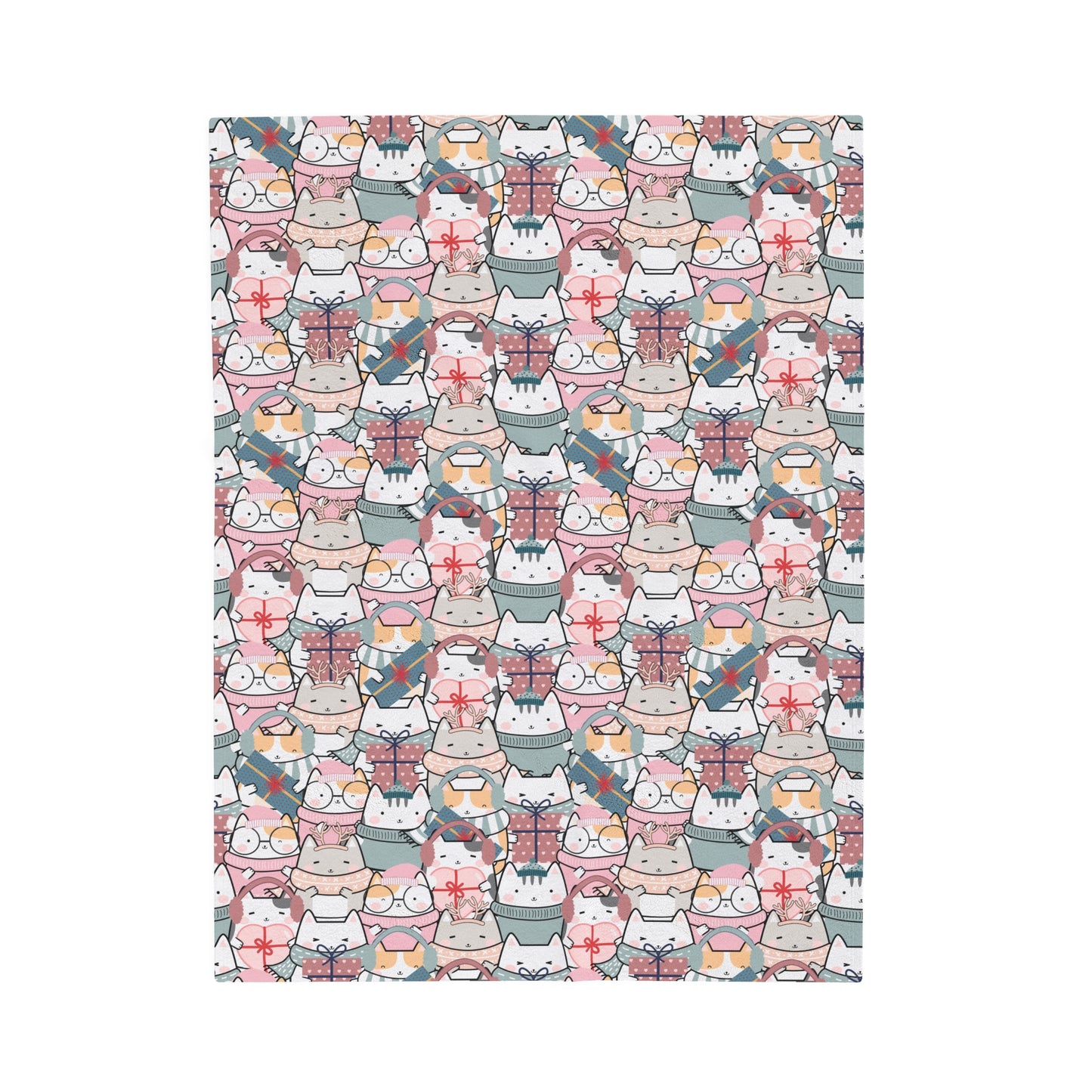 a pattern of kawaii cats on a pink throw blanket