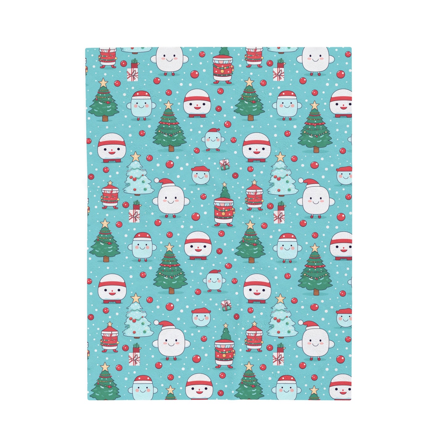 a blue christmas throw blanket with snowmen and trees