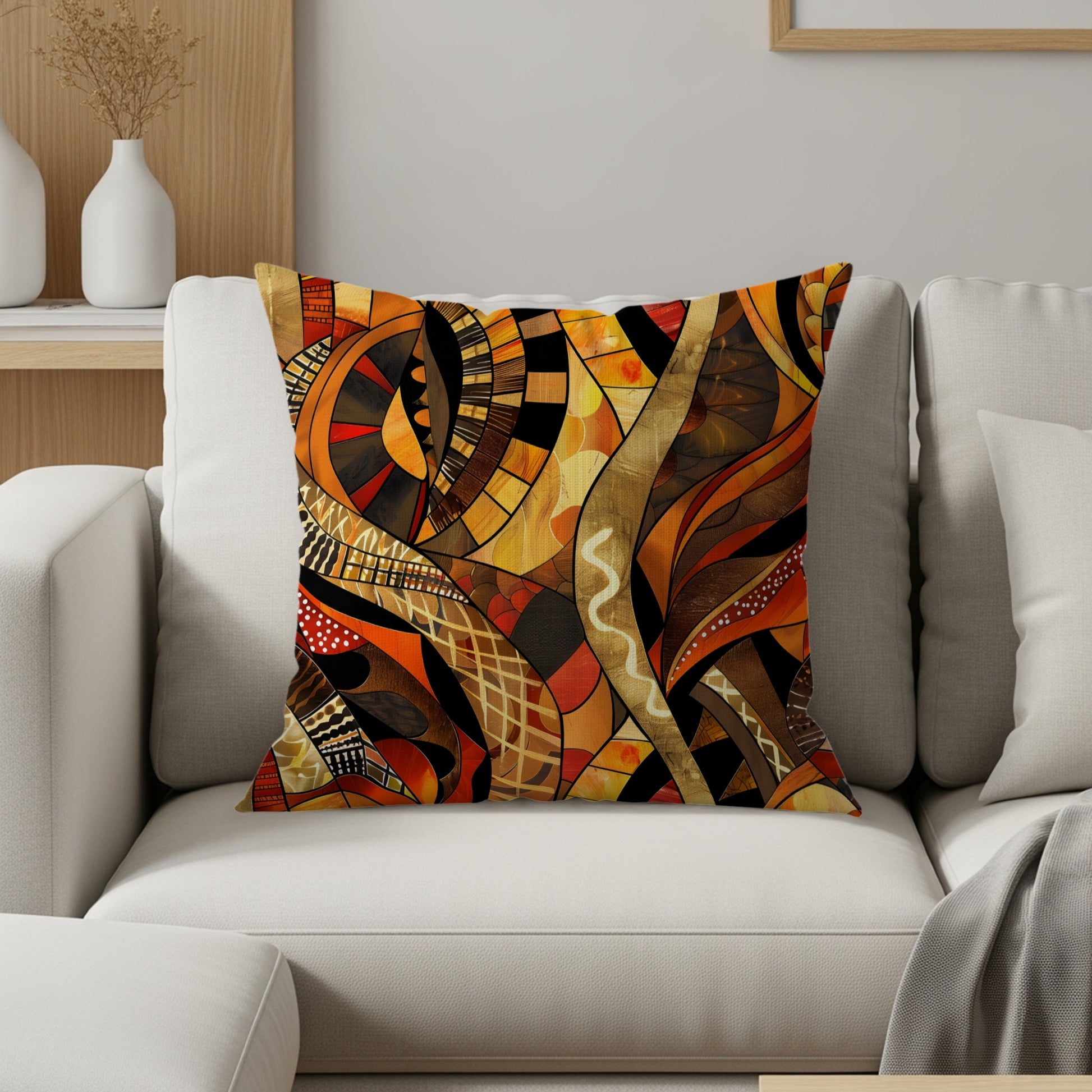 Throw pillow with abstract tribal pattern in warm earth tones on a white sofa.