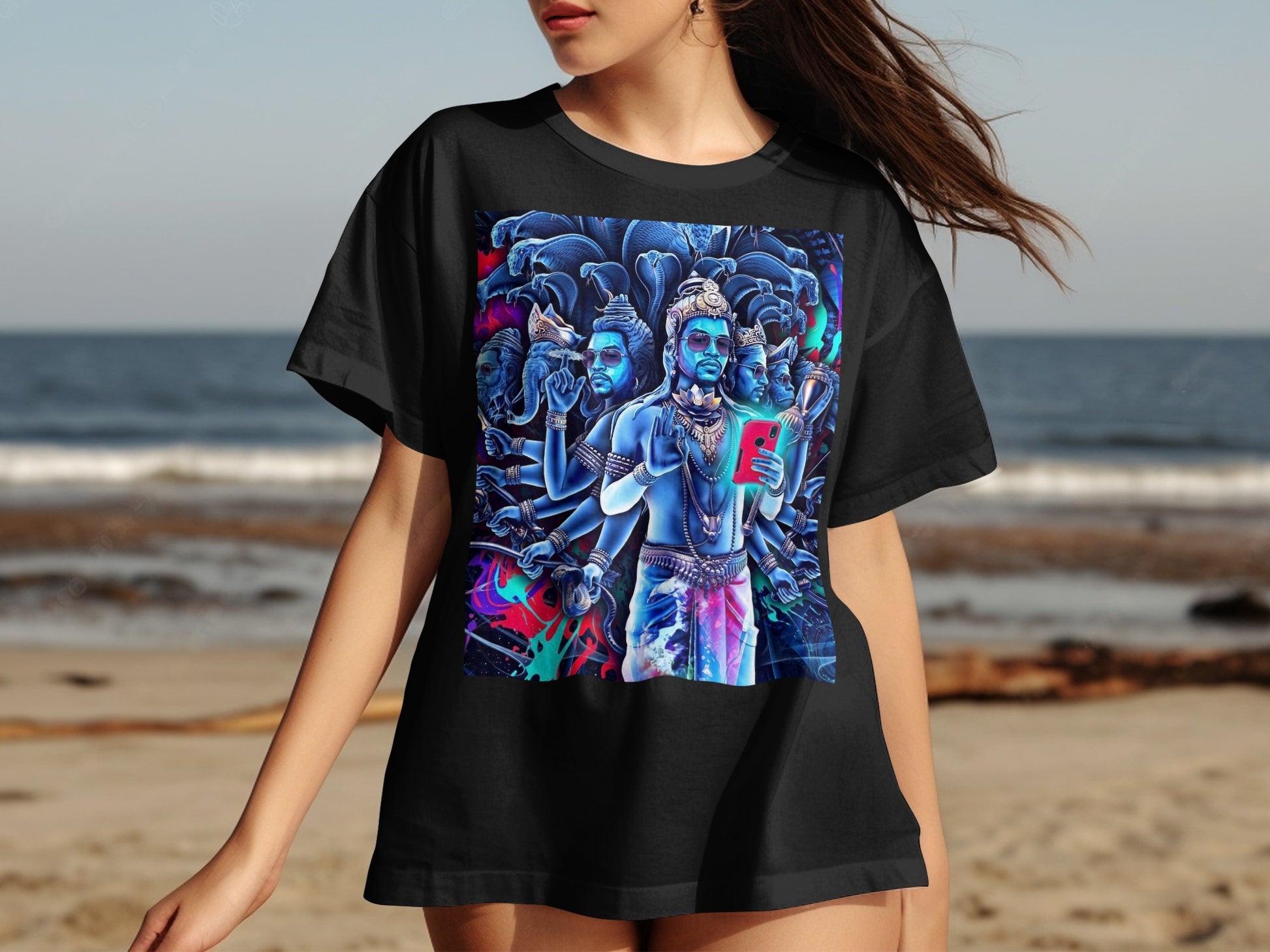 T-shirt with a colorful graphic of a multi-armed Hindu deity holding a smartphone.