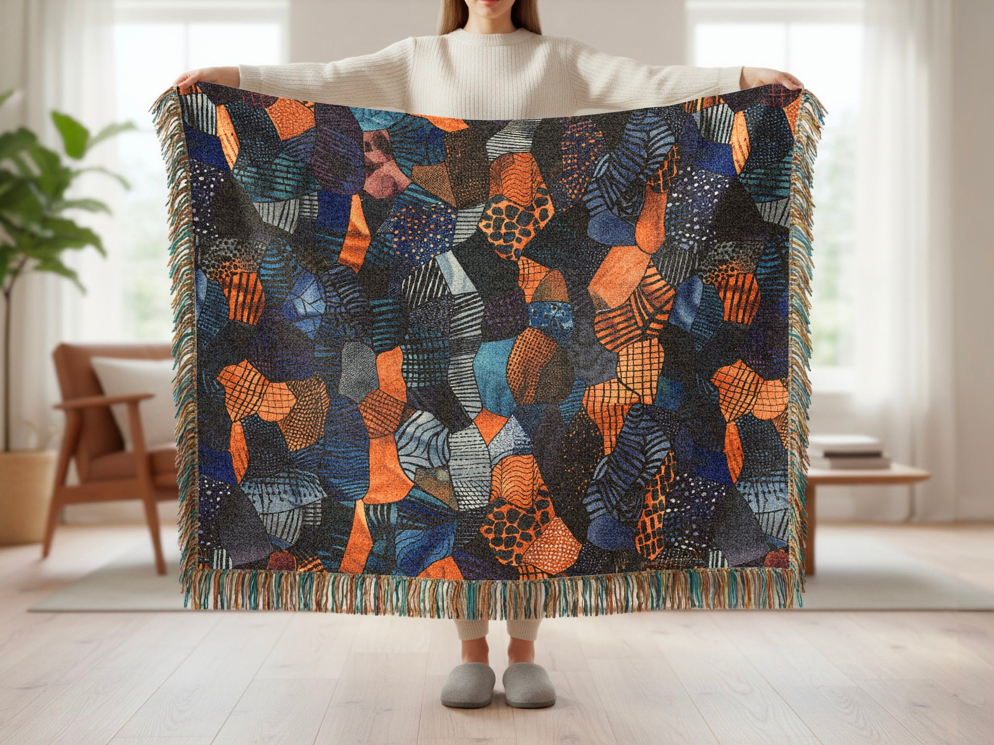 Woven throw blanket with abstract geometric pattern in blues, oranges, and gray with fringe.