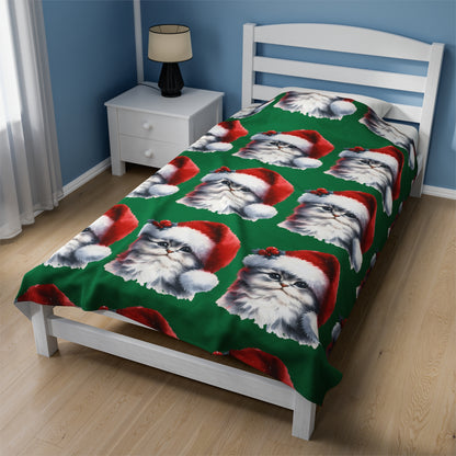 Cute Cat Christmas Throw Blanket, Christmas Cat Blanket, Holiday Velveteen Plush Blanket
