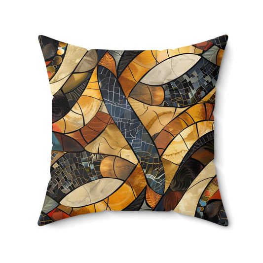 Pillow with abstract mosaic pattern in gold, brown, black, and cream.