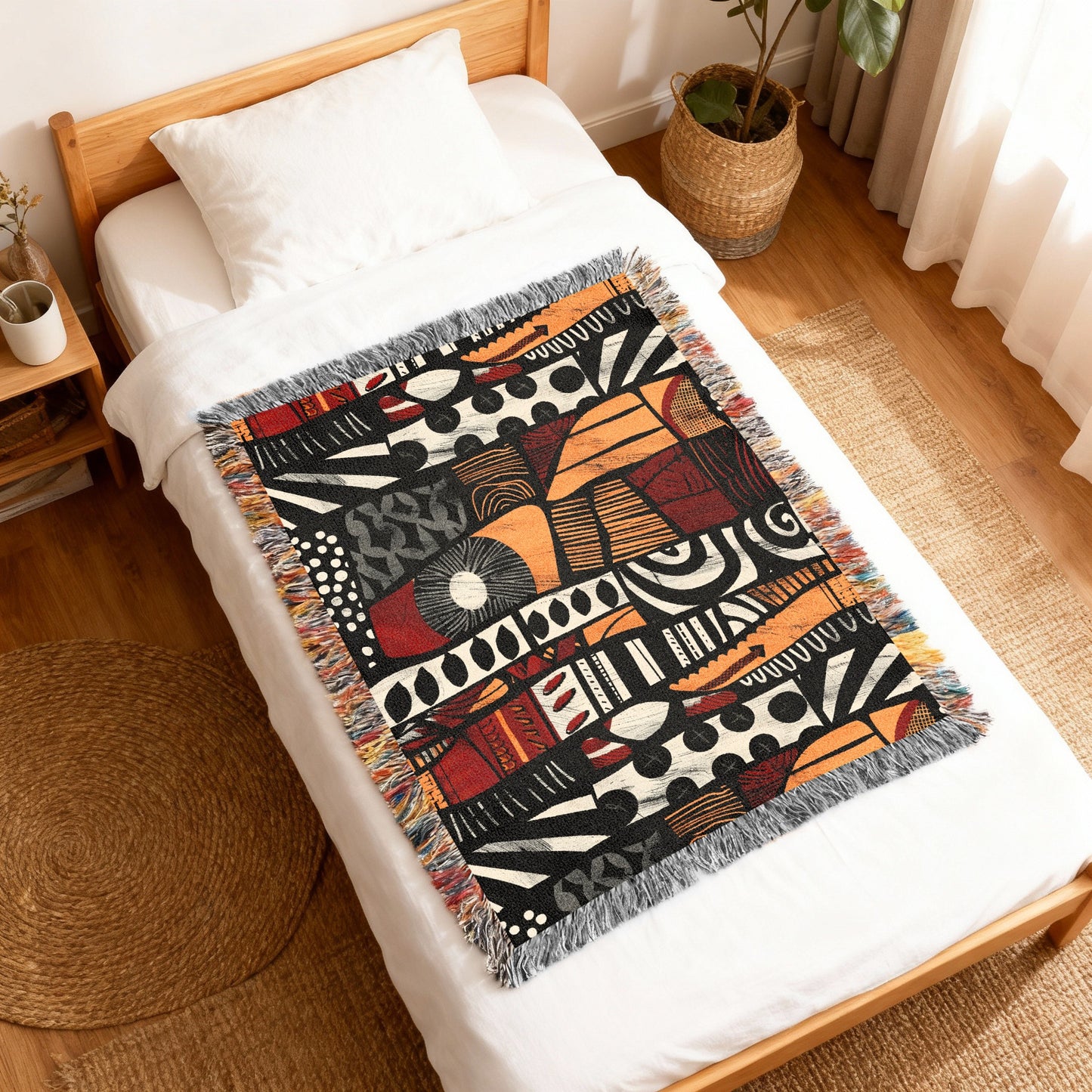 Woven throw blanket with geometric patterns and fringe on a white bed.