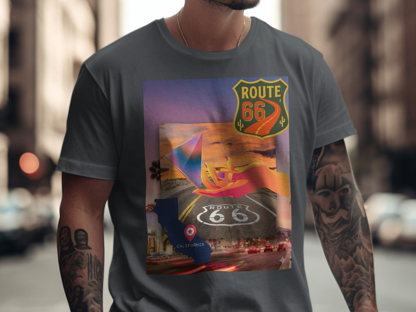 T-shirt with Route 66 California graphic featuring desert sunset and neon road.