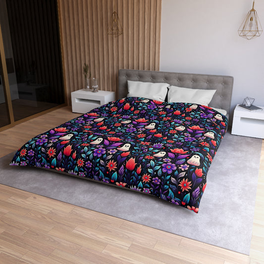 Whimsical Ghost Floral Duvet Cover, Cute Nature Inspired Bedding, Cozy