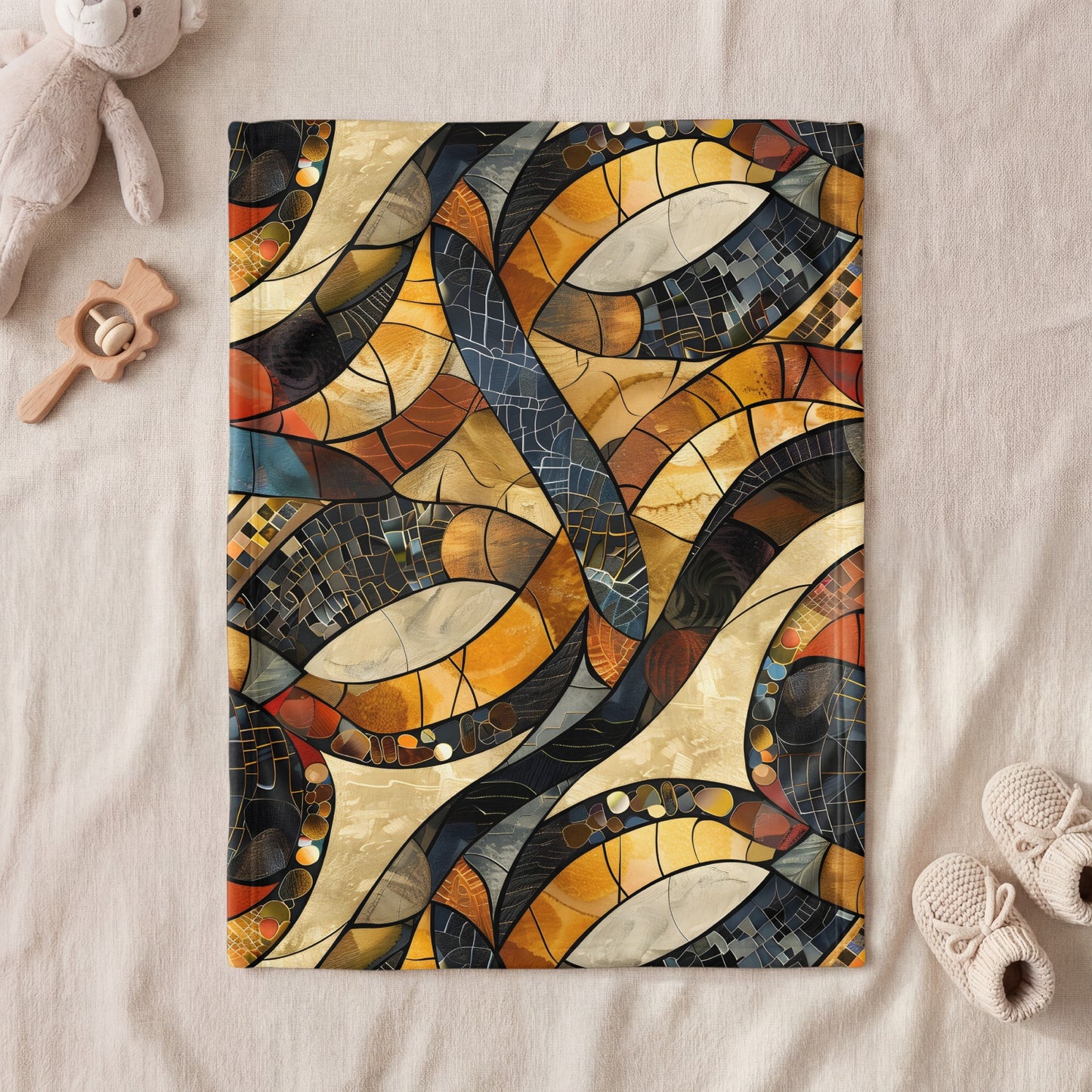 Abstract stained glass pattern on a flat lay with baby toys.