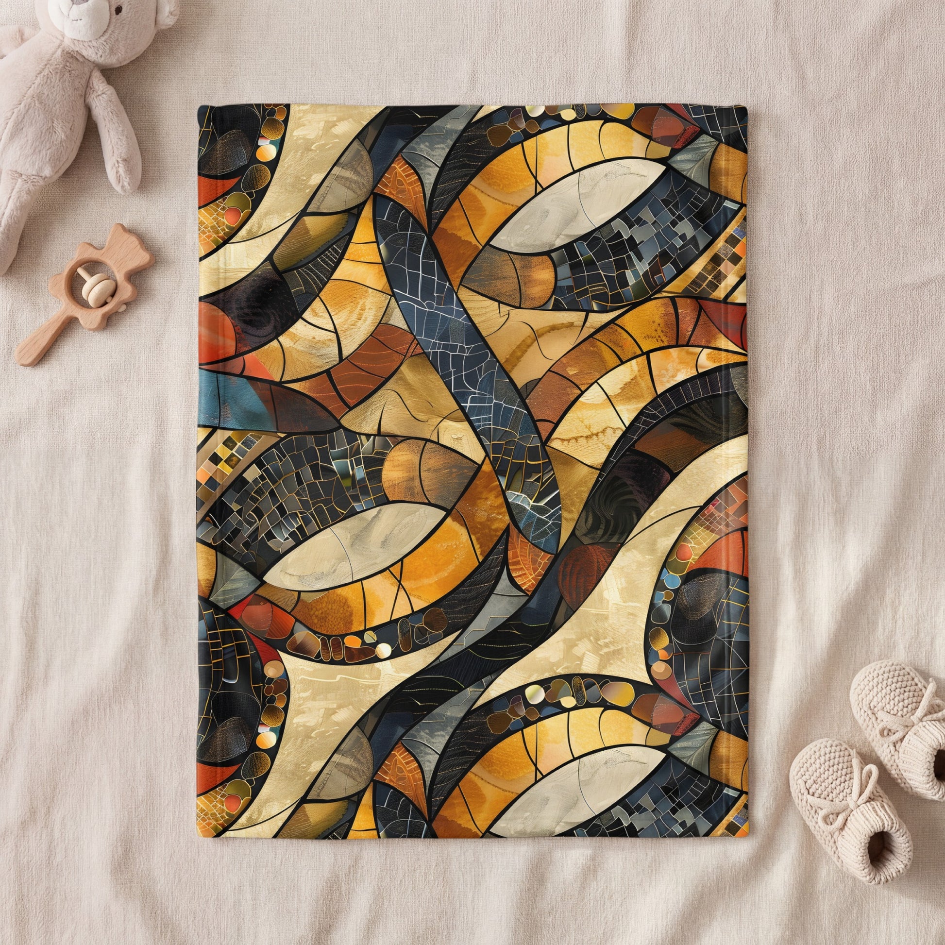 Abstract stained glass pattern on a flat lay with baby toys.