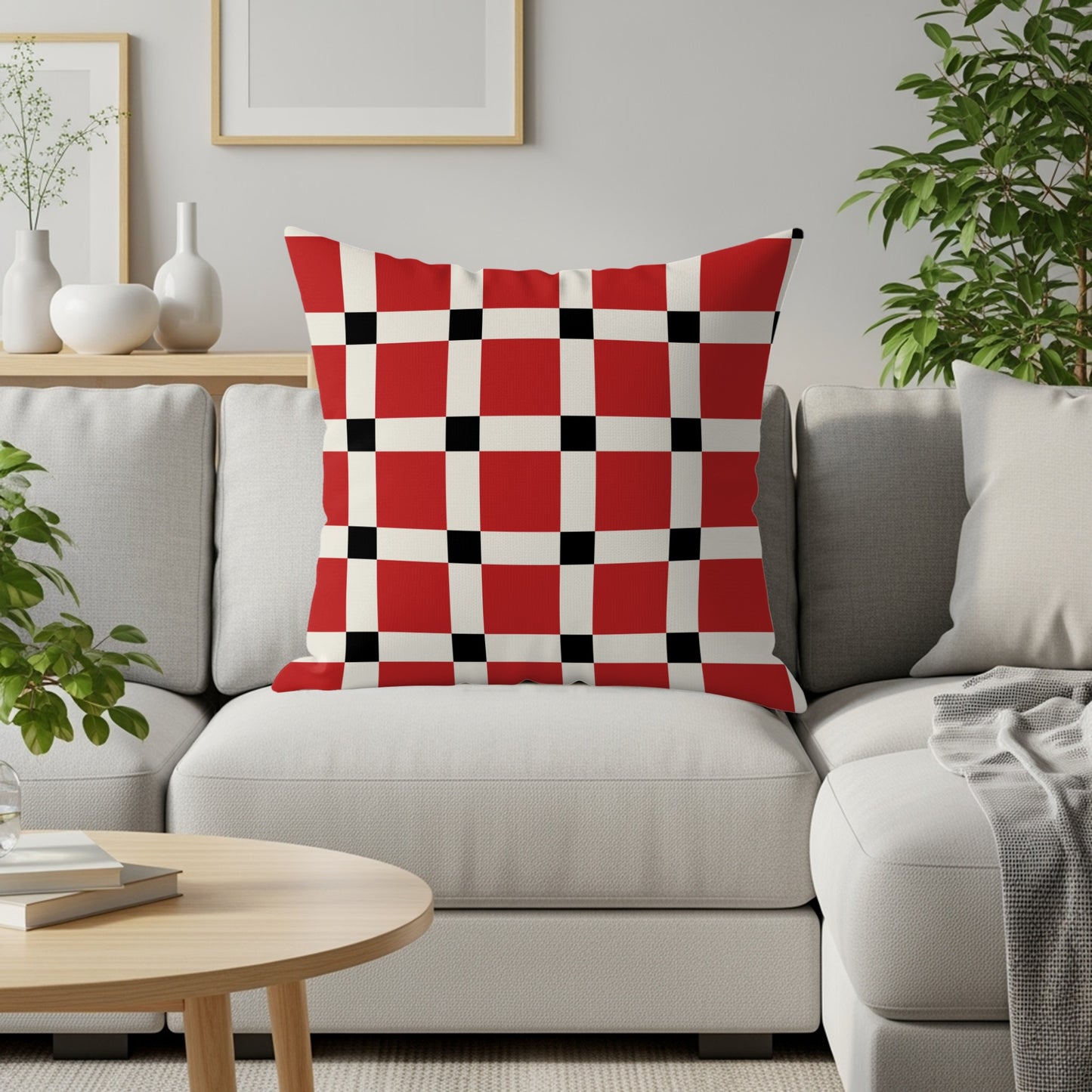 Red, white, and black checkered pillow on a light gray couch with plants.
