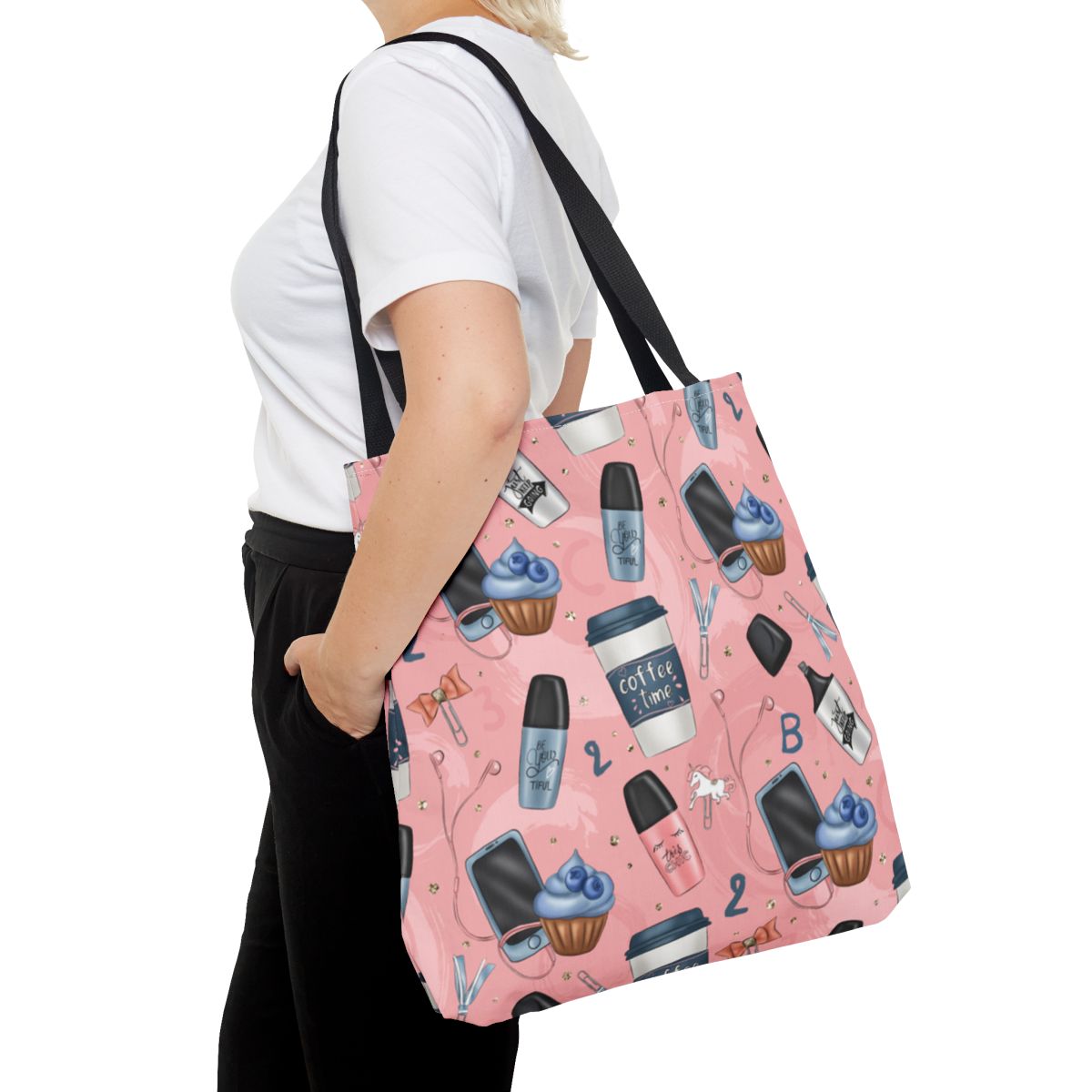 Cute Pink Bag with Coffee and Cupcake Pattern Design