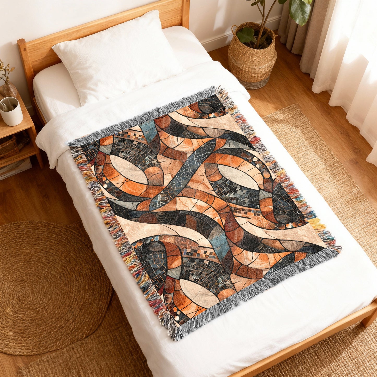 Woven blanket with abstract mosaic pattern in orange, brown, and blue hues on a bed.