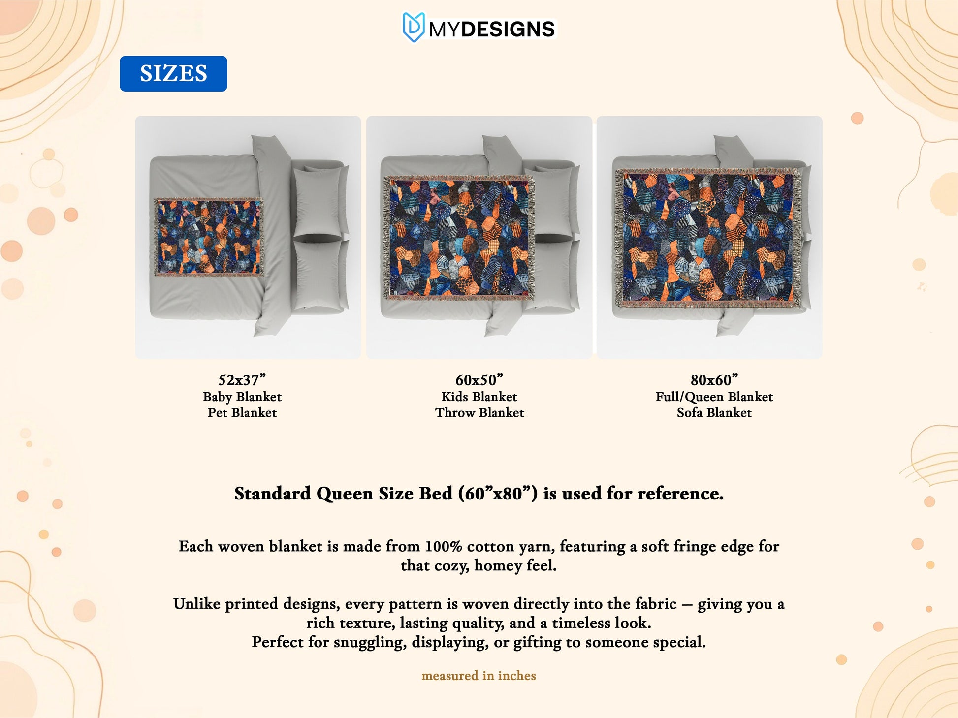 Woven blankets in three sizes: 52x37", 60x50", and 80x60".