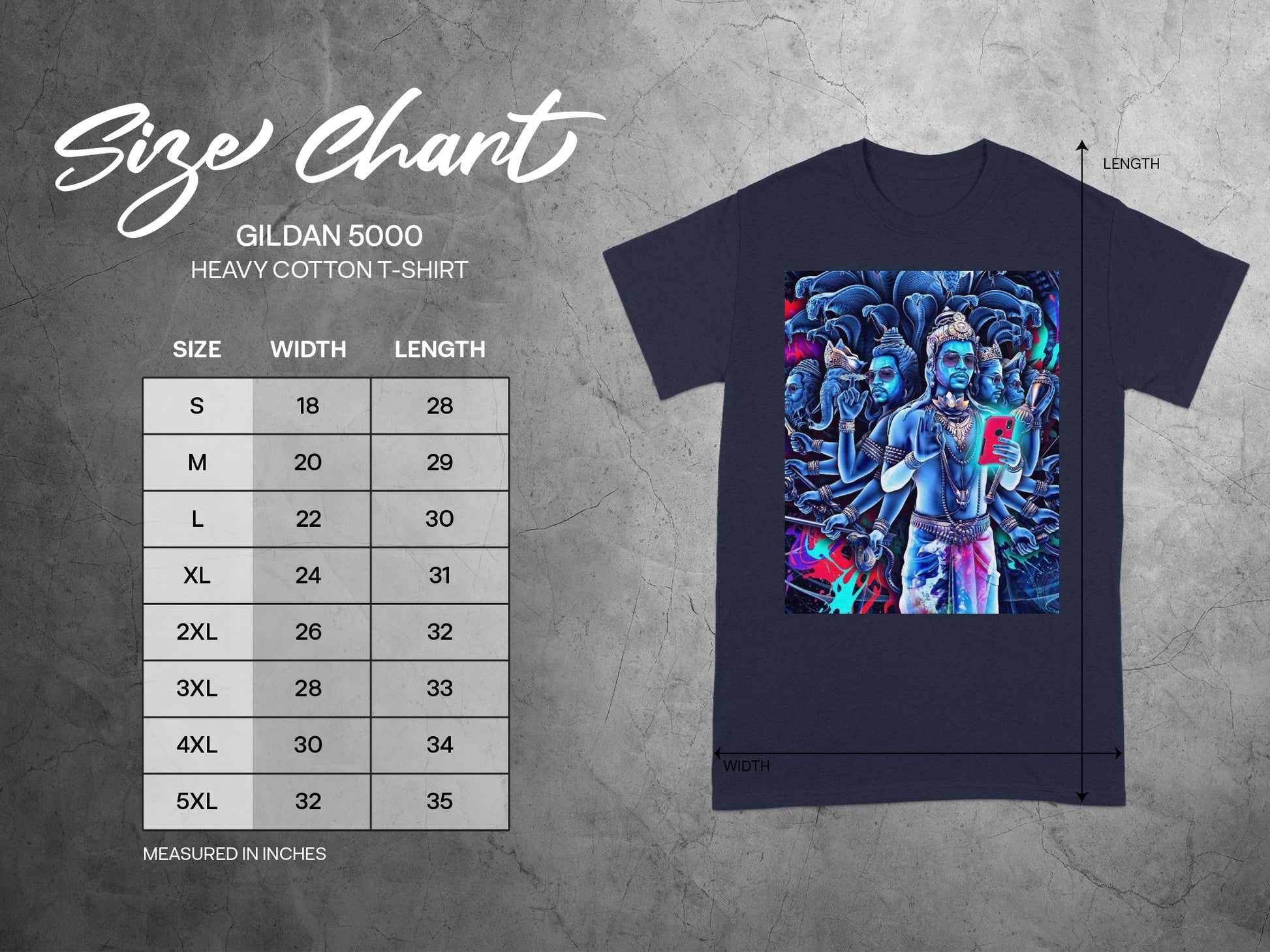 Gildan 5000 Heavy Cotton T-shirt size chart with measurements for S to 5XL.