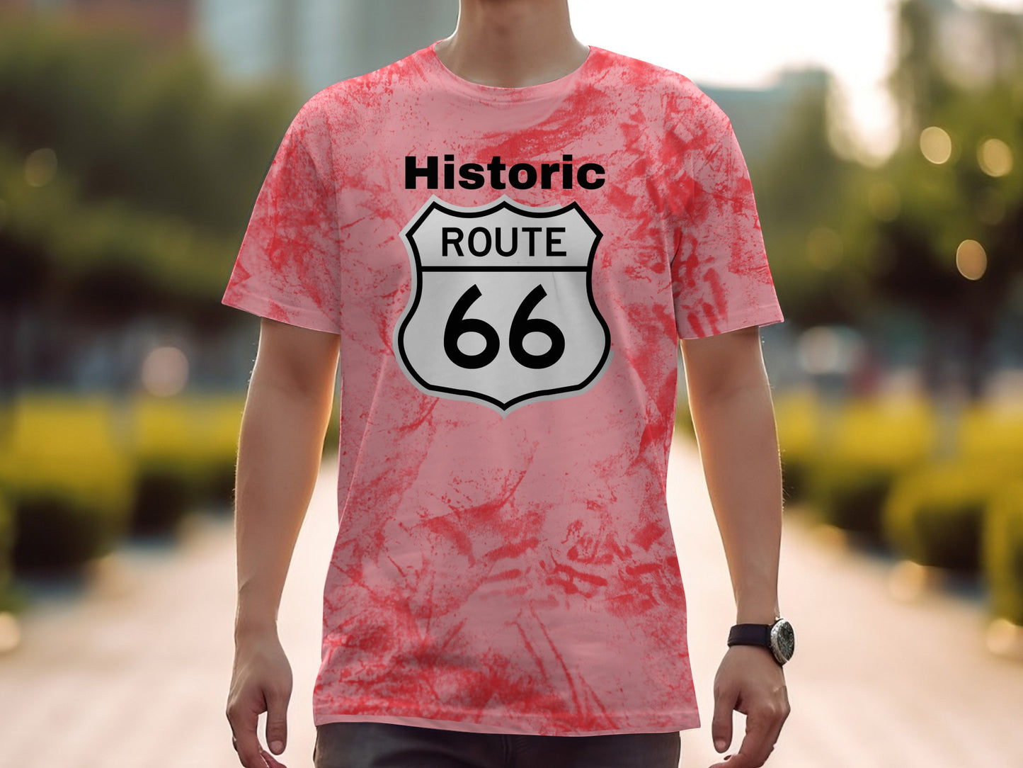 Pink tie-dye t-shirt with Historic Route 66 logo on chest.