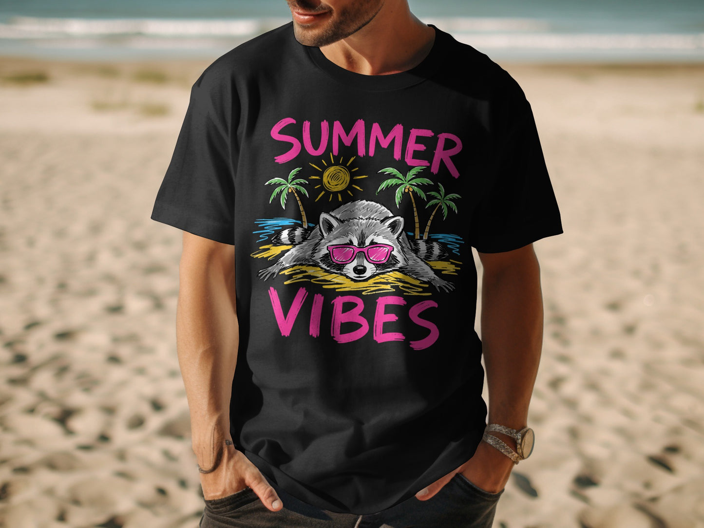 Black t-shirt with raccoon wearing sunglasses, palm trees, and "SUMMER VIBES" text.