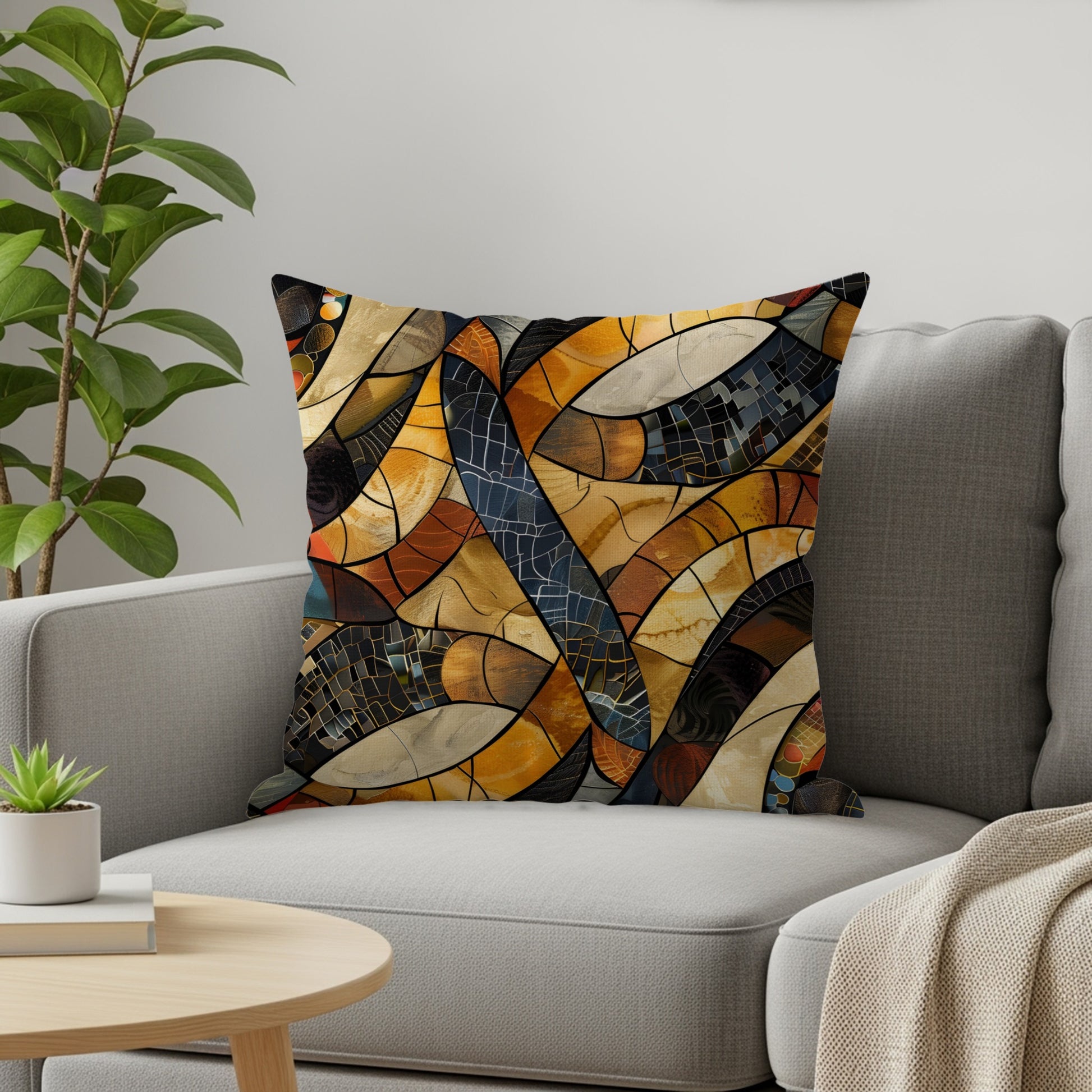 Pillow with abstract stained glass pattern in warm tones on a grey couch.