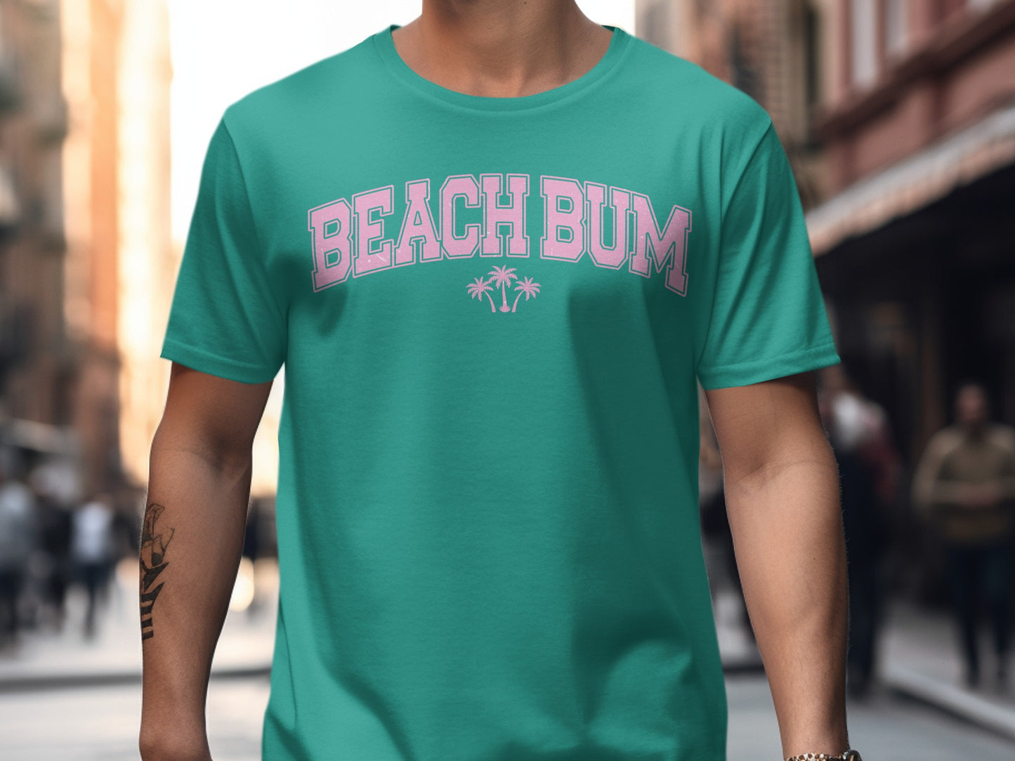 Teal t-shirt with pink "Beach Bum" text and palm trees.