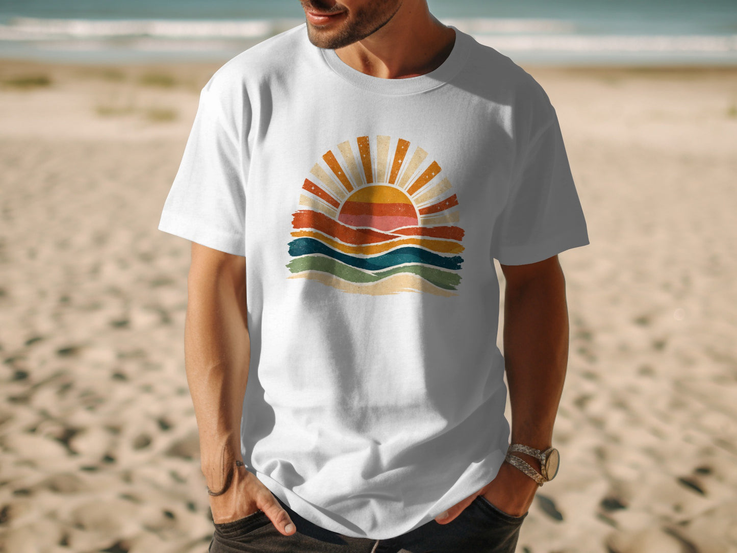 White t-shirt with a retro sunrise and wavy stripes graphic.
