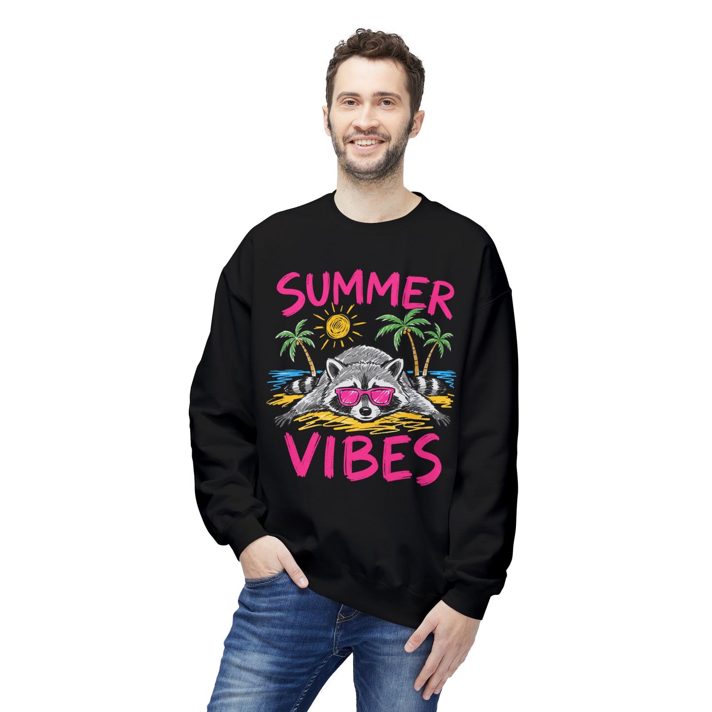 Black sweatshirt with raccoon wearing sunglasses on beach, "SUMMER VIBES" text.