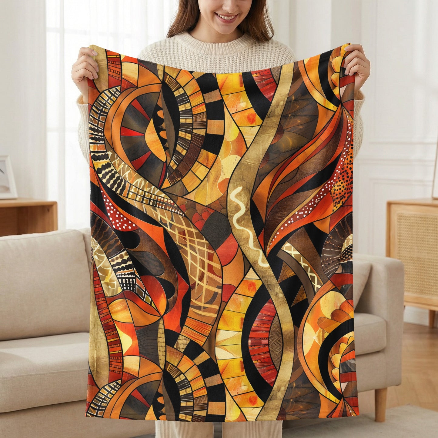 Abstract geometric pattern in warm tones of orange, yellow, and brown on a blanket.