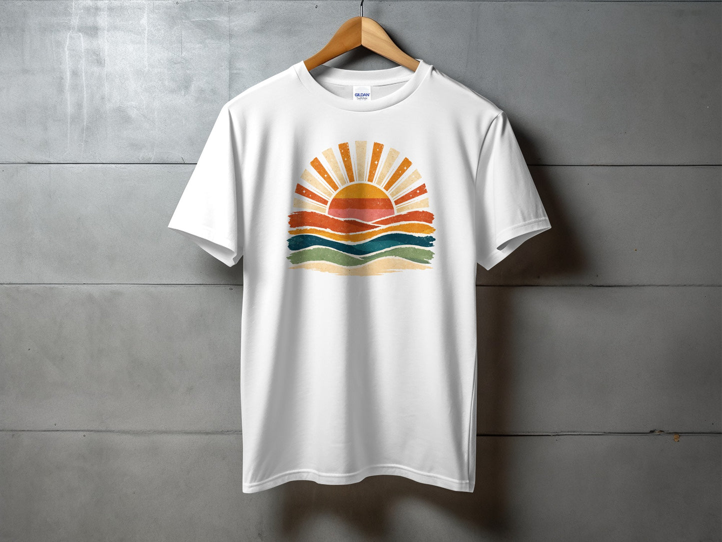 White t-shirt with distressed sun and wavy horizontal stripes in orange, green, blue, and brown.