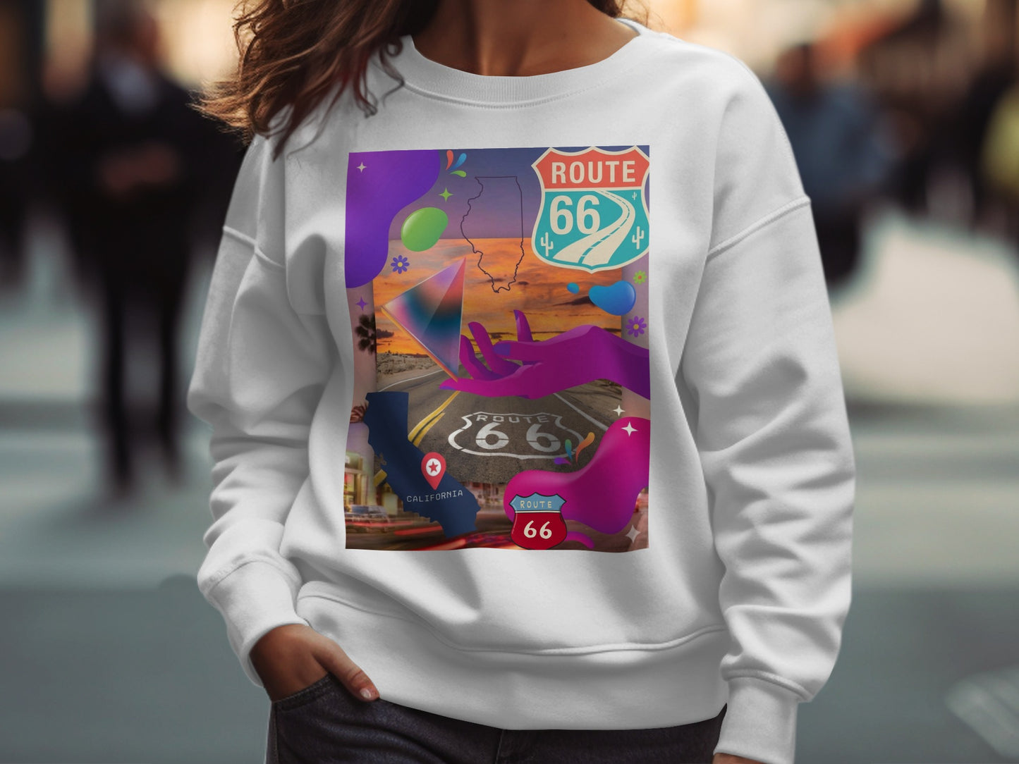 White sweatshirt featuring Route 66 collage with desert landscape and hands.