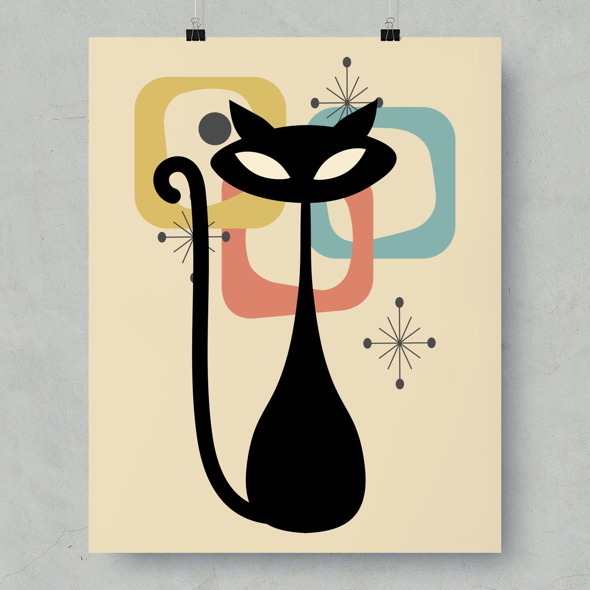 Retro Cat Art Print with Geometric Background product