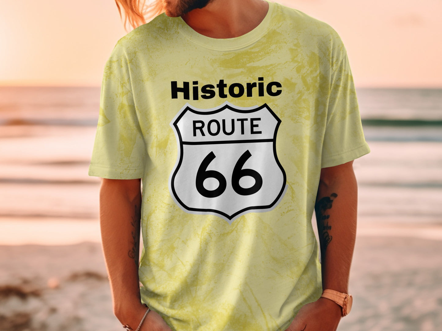Yellow tie-dye t-shirt with Route 66 shield logo.
