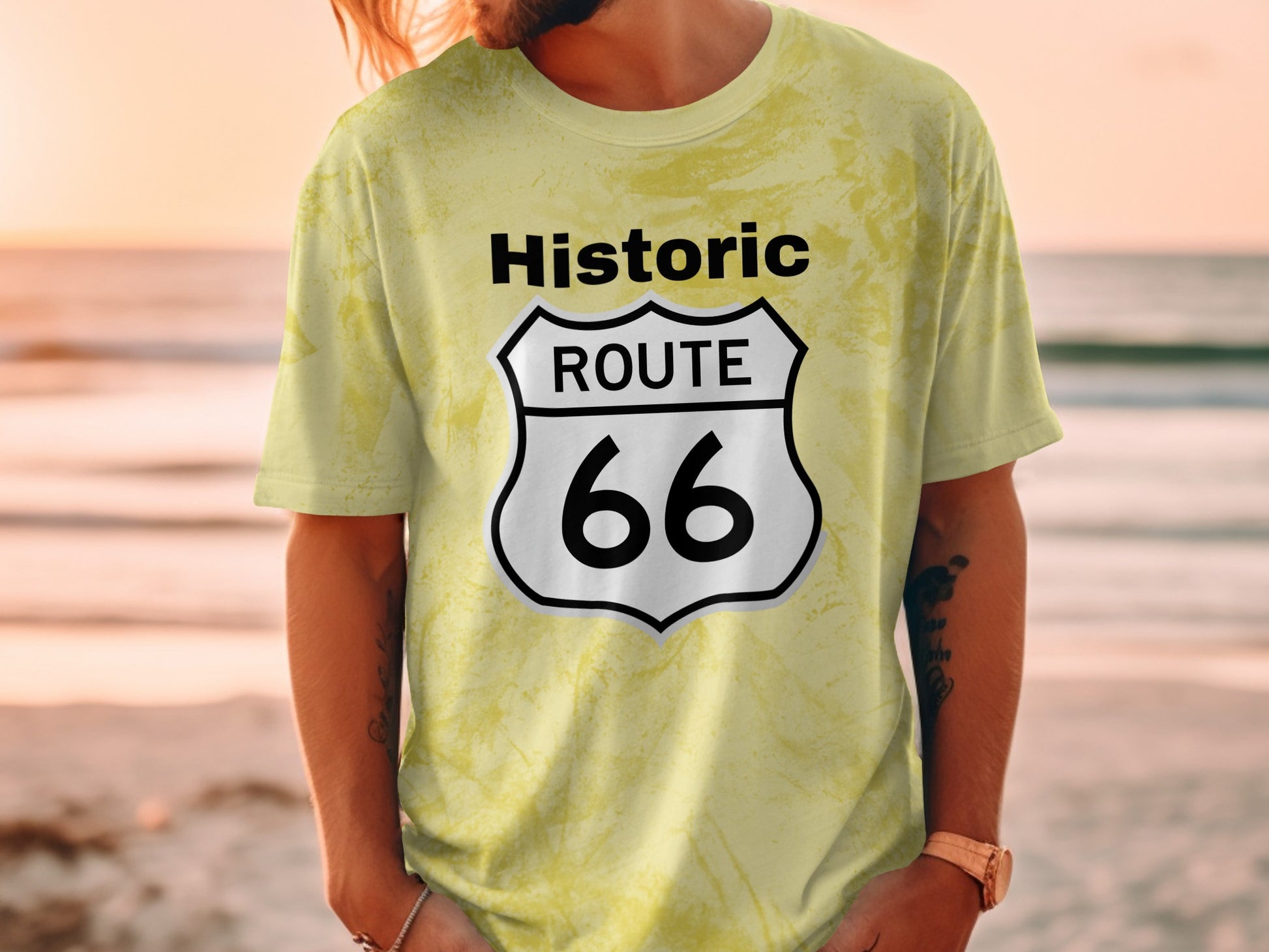 Yellow tie-dye t-shirt with Route 66 shield logo.