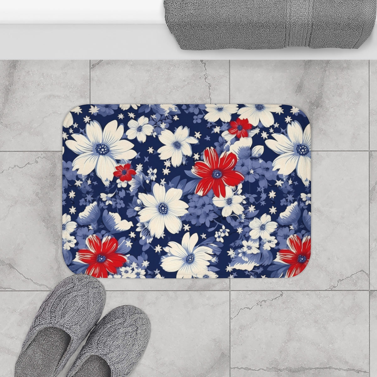 Floral Design Blue Red and White Bathroom Mat