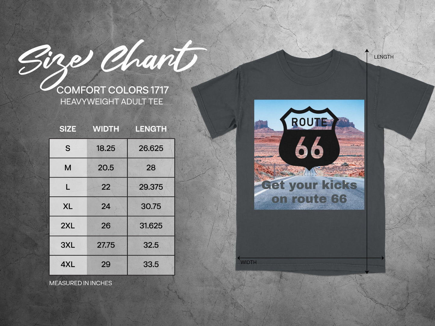 Comfort Colors 1717 size chart with Route 66 graphic t-shirt.