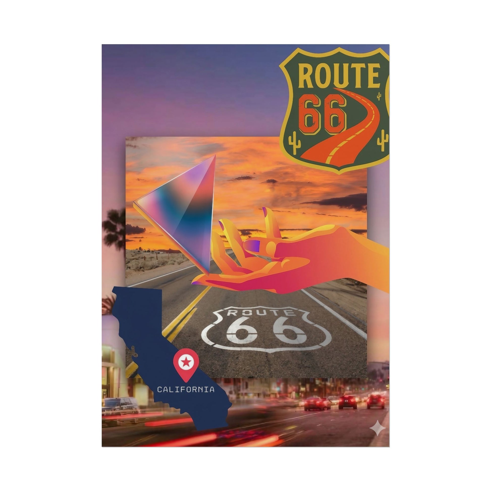 Route 66 California graphic with hand and sunset, showing a highway.