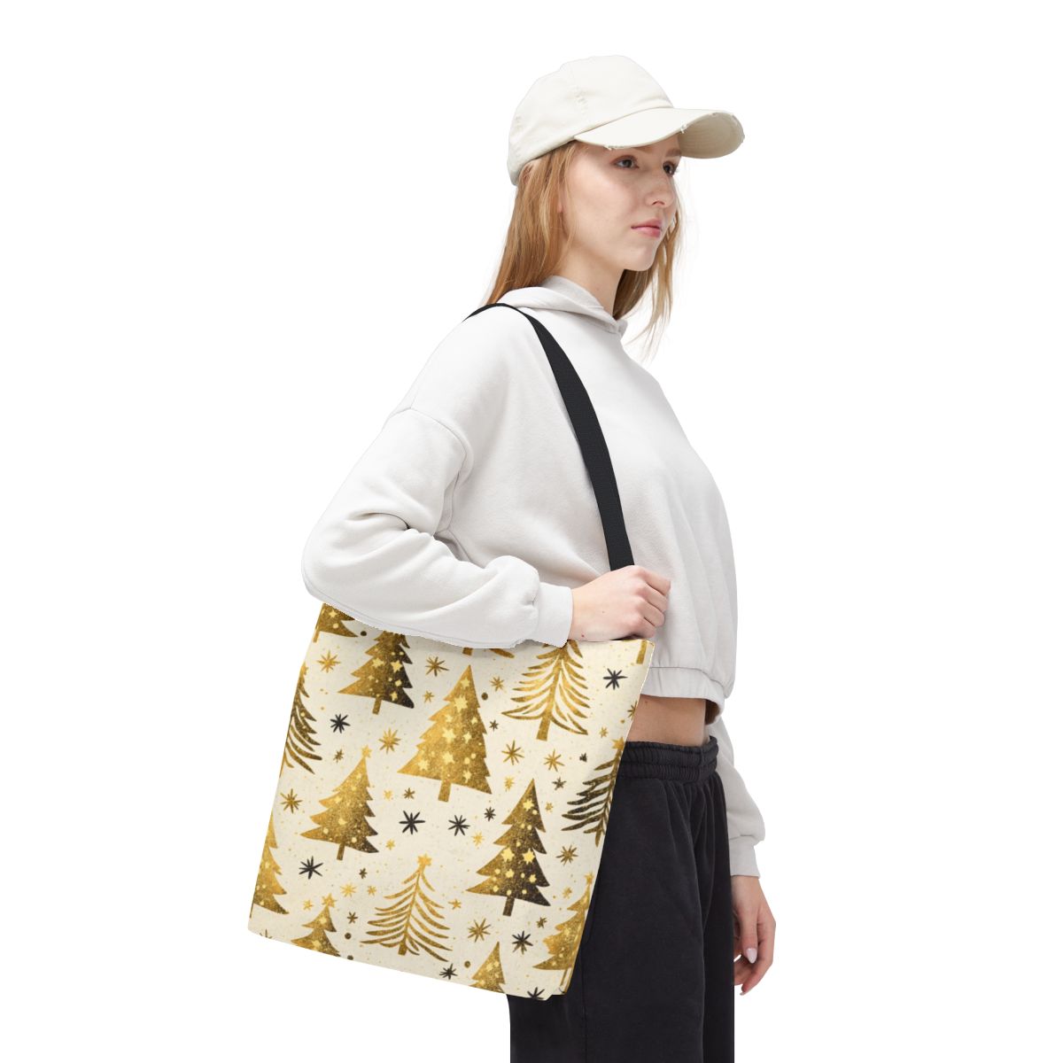 Festive Christmas Trees Gold Stars Print Tote Bag