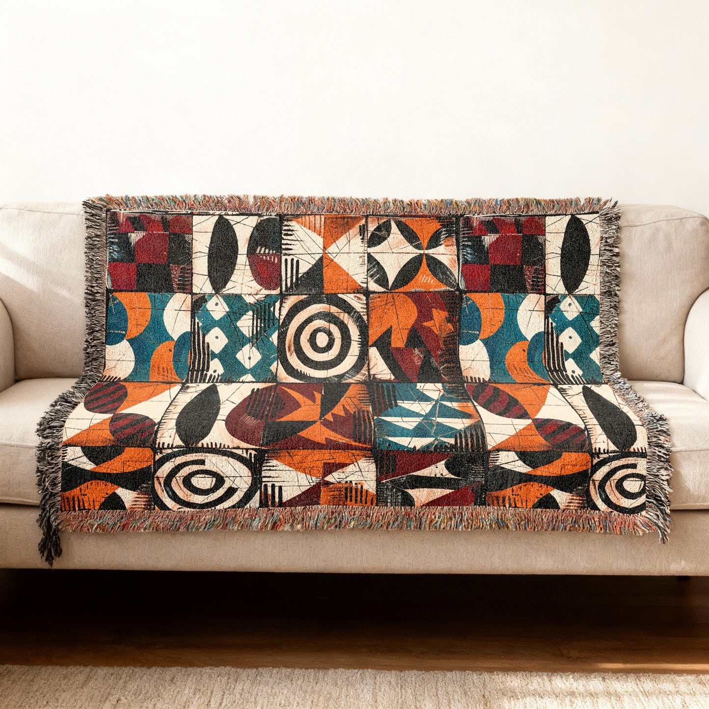 Woven throw blanket with a colorful abstract geometric pattern draped on a light-colored sofa.