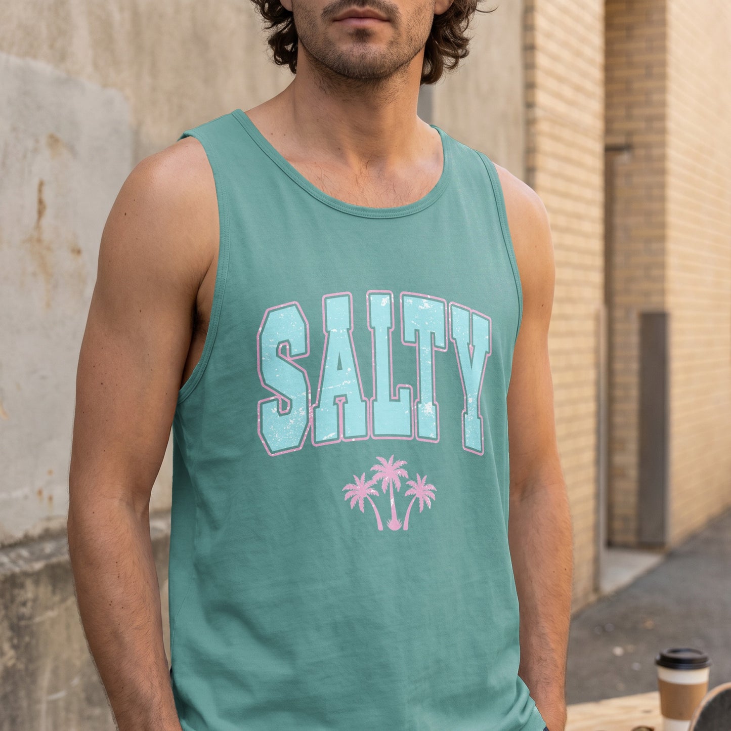 Teal tank top with "SALTY" text and pink palm trees.