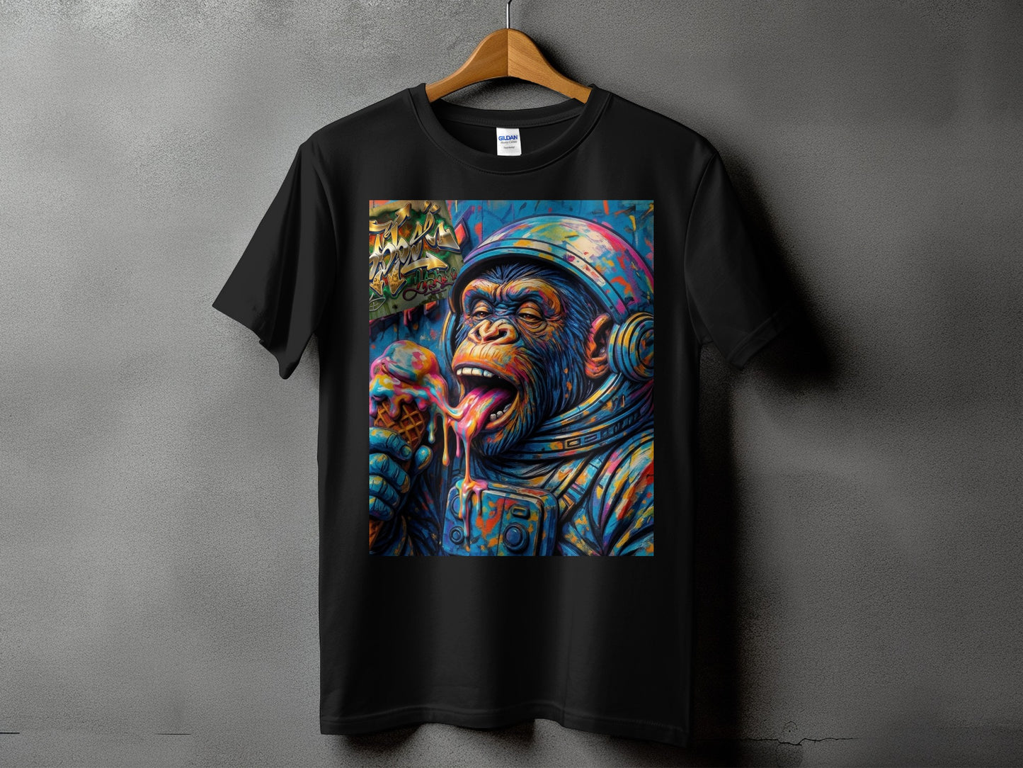 Chimpanzee astronaut in colorful suit eats melting ice cream cone.