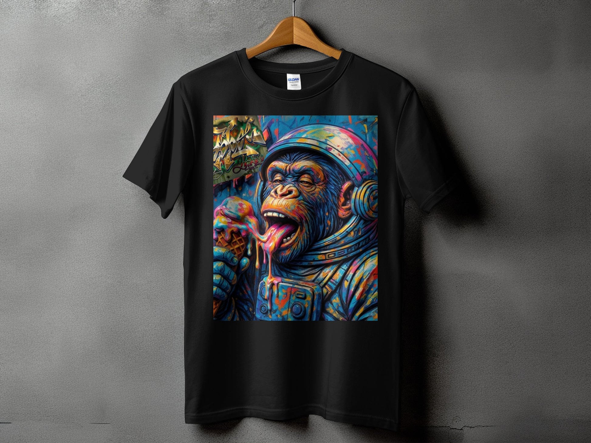 Chimpanzee astronaut in colorful suit eats melting ice cream cone.